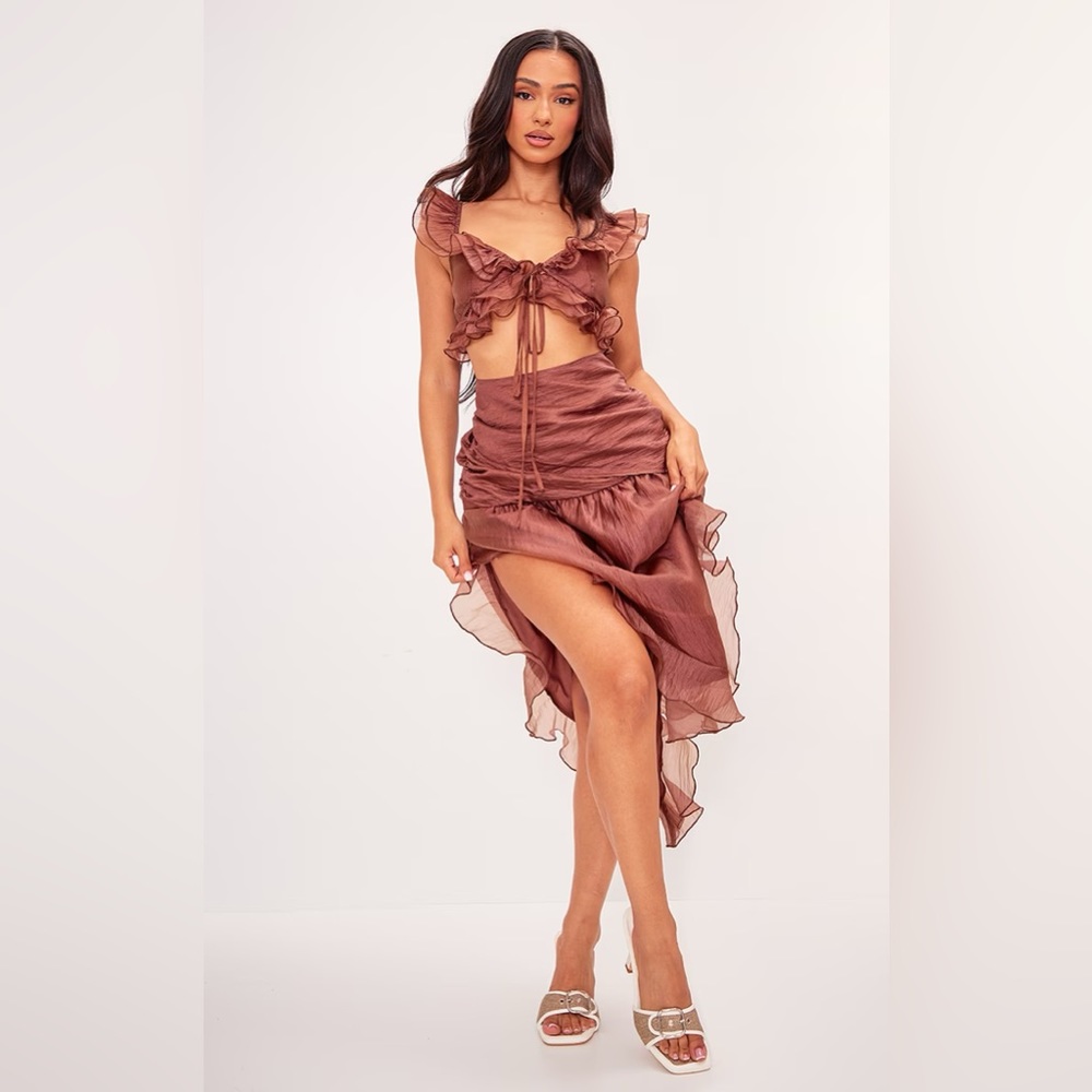 Petite Brown Textured Chiffon Bardot Frill Detail Midaxi Dress